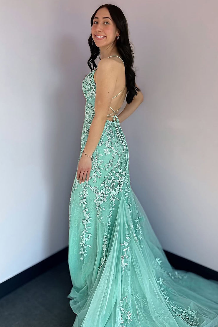 Meramid Scoop Neck Mint Lace Prom Dresses