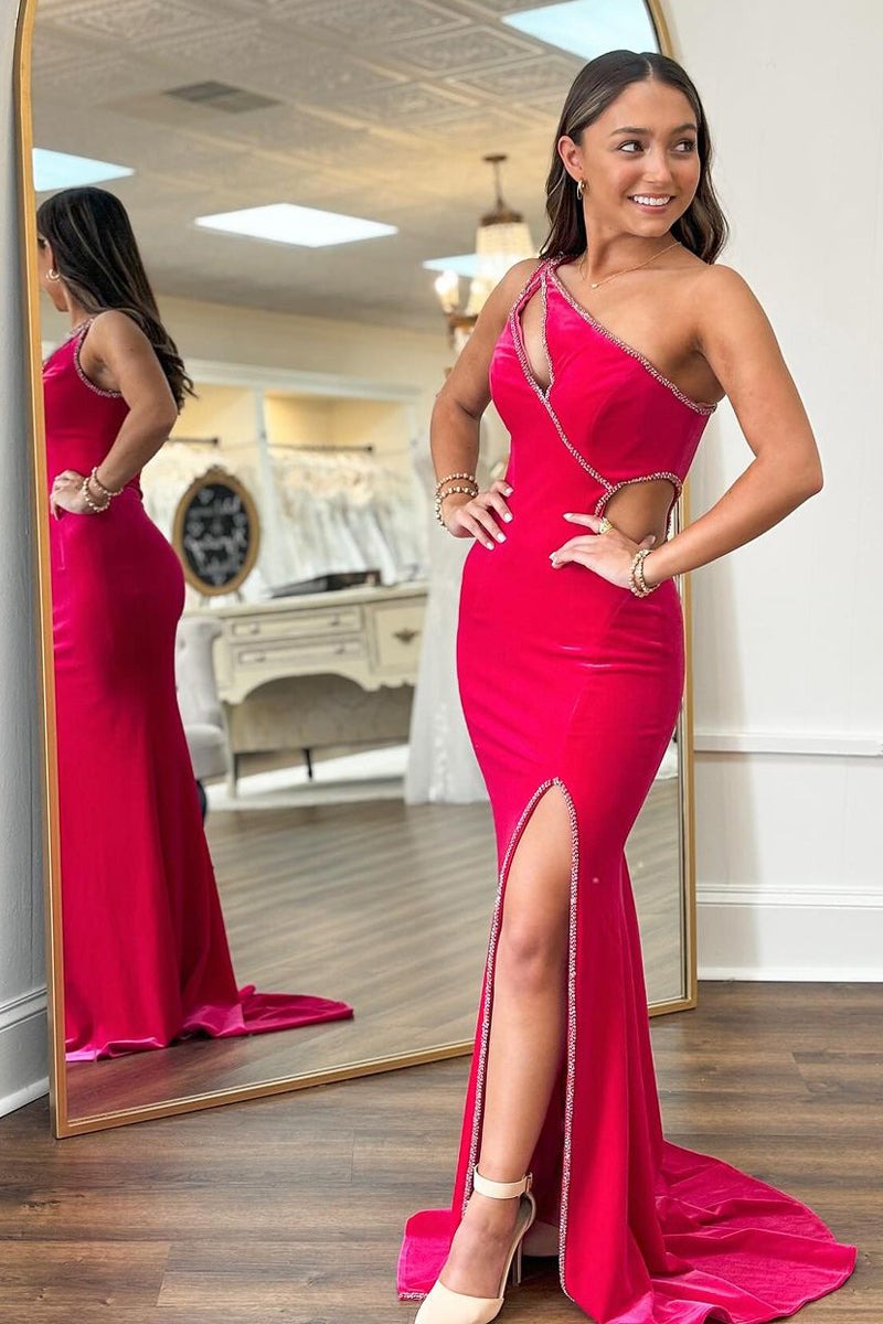 Red Velvet Mermaid Long One Shoulder Prom Dresses