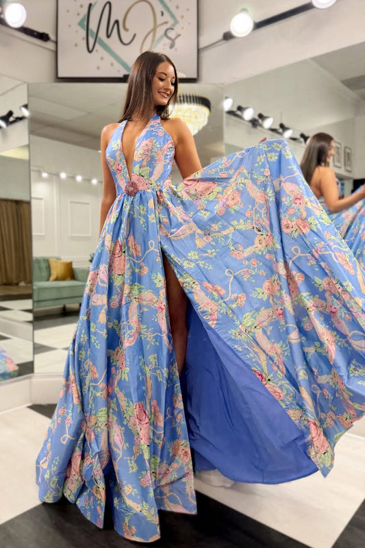 Robes de bal longues imprimées fleuries bleues licou trapèze