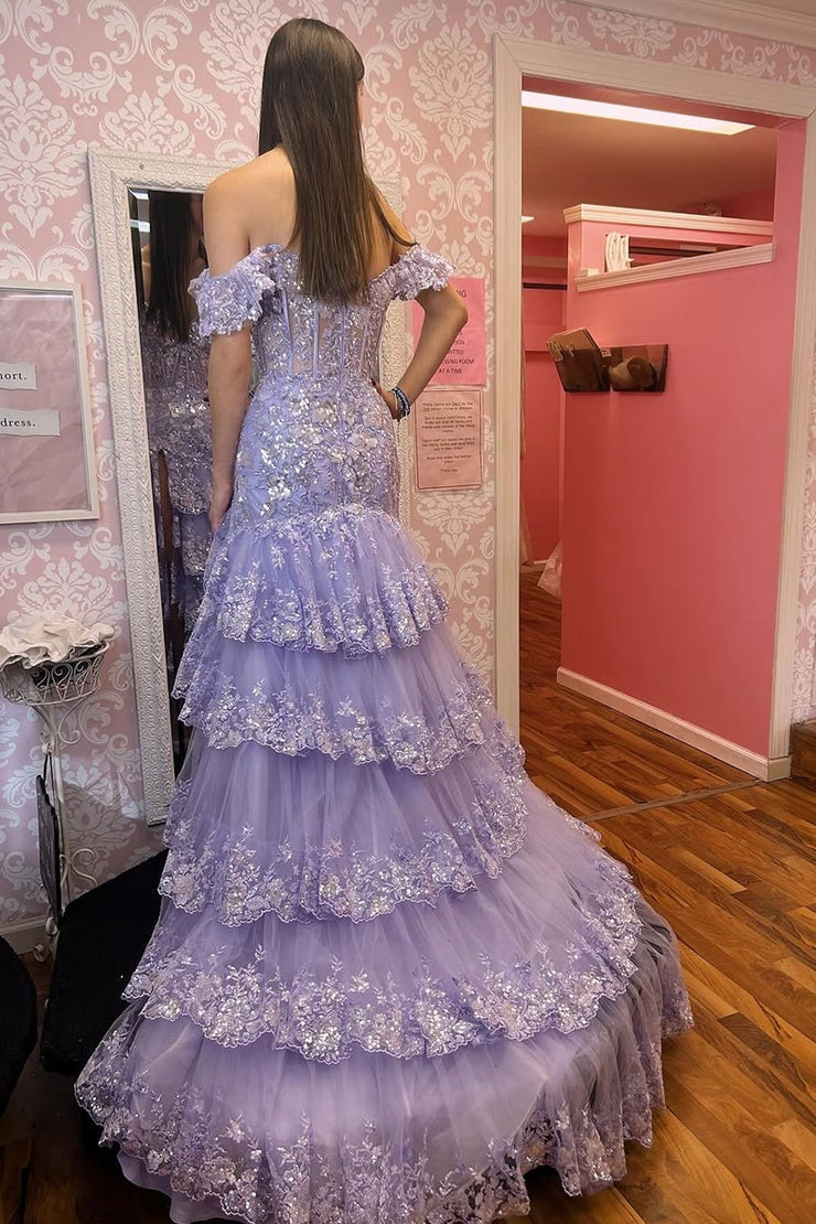 Mermaid Off the Shoulder Lavender Sequins Tiered Prom Dresses