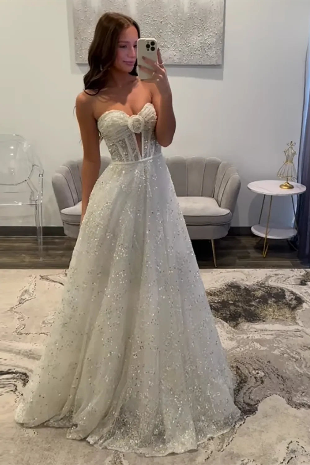 Sparkly White Sequins Long A Line Sweetheart Prom Dresses