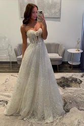Sparkly White Sequins Long A Line Sweetheart Prom Dresses