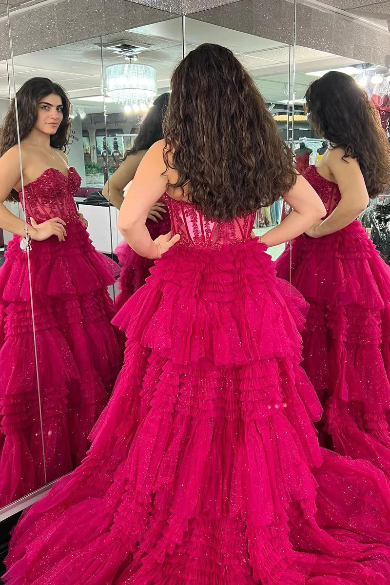 Hot Pink Long Sweetheart Tiered Tulle Prom Dresses