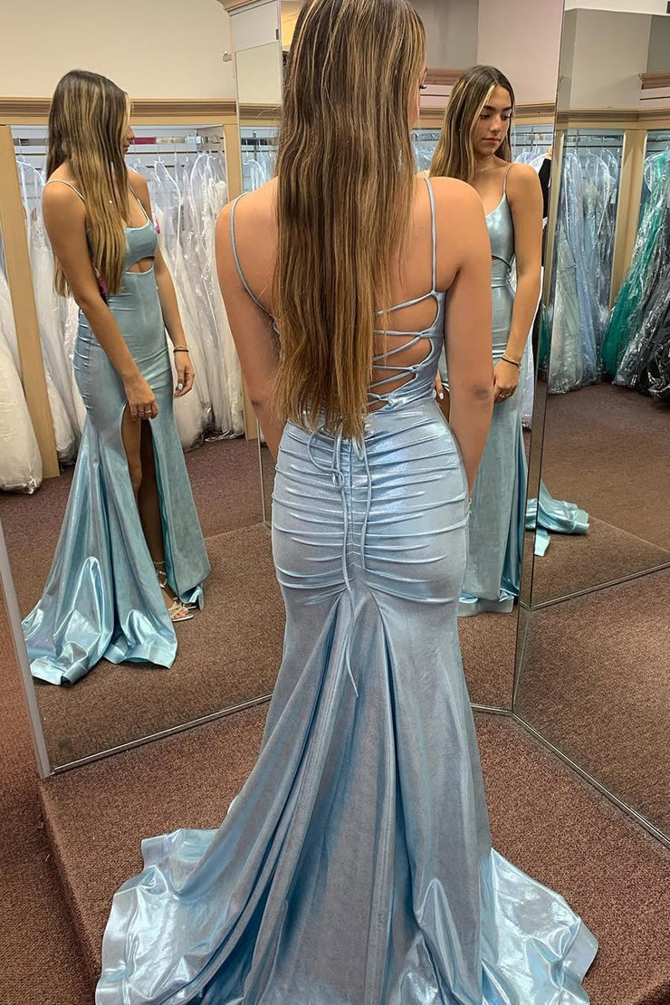 Charming Mermaid Scoop Neck Light Blue Sparkly Satin Prom Dresses