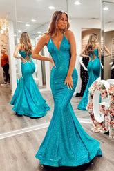 Mermaid Halter Blue Sequins Long Prom Dresses