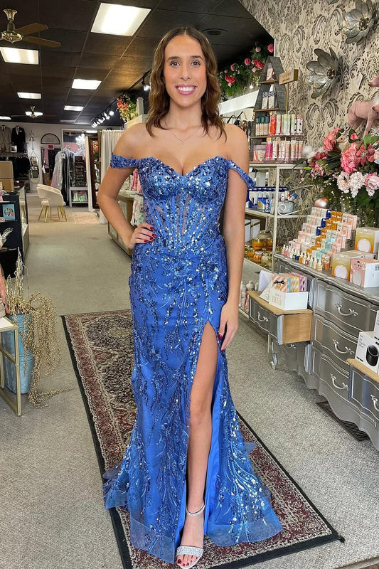 Off the Shoulder Blue Mermaid Sequins Lace Slit Prom Dresses