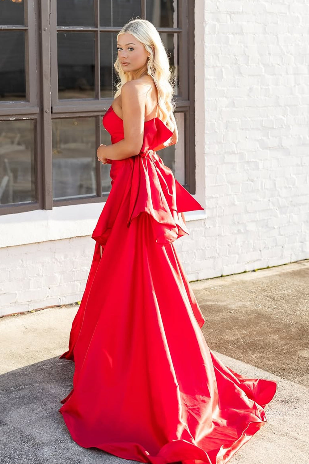 Mermaid Strapless Red Satin Long Prom Dresses