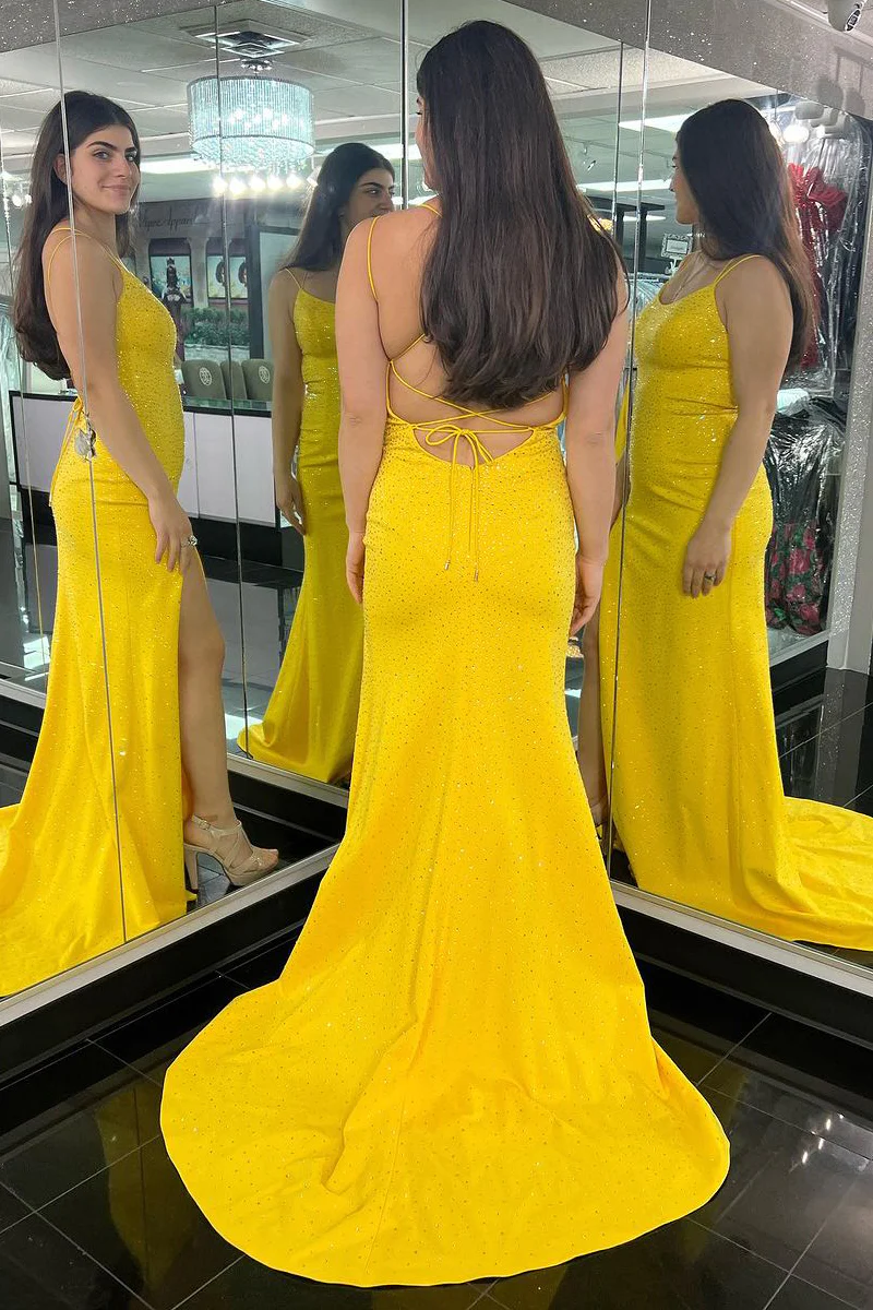Beaded Scoop Neck Long Yellow Prom Dresses