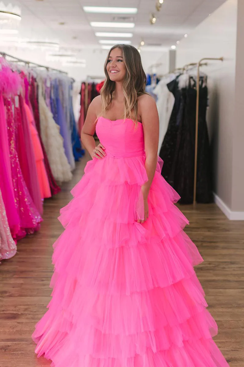 Pink Sweetheart Ruffle Tiered Long Prom Dresses