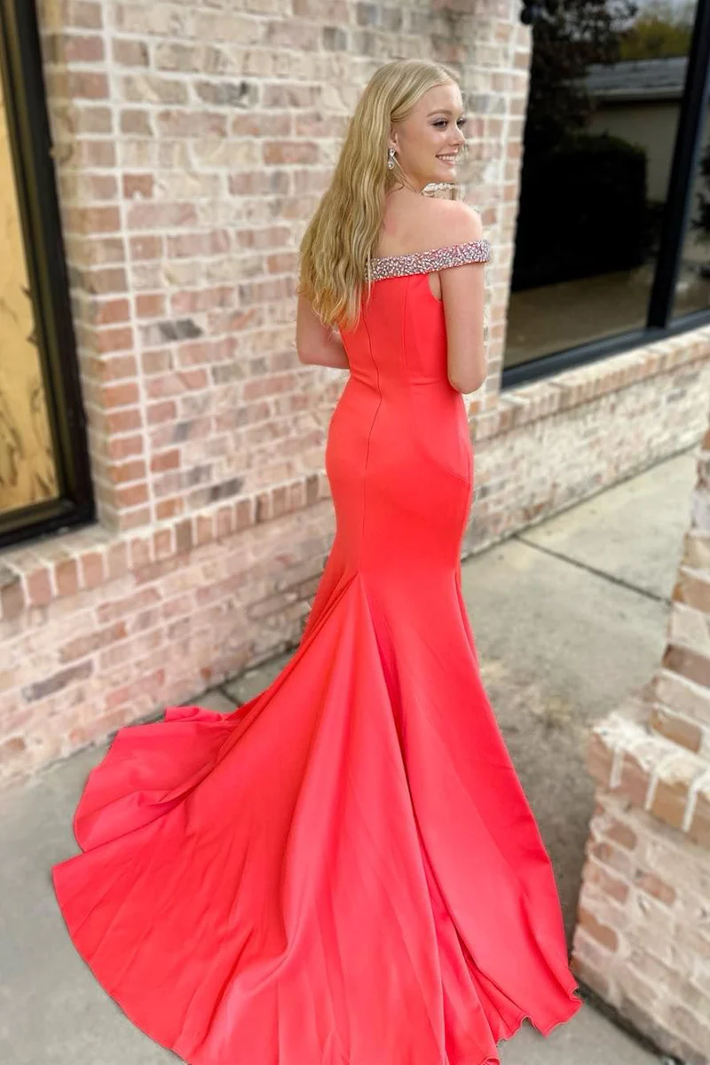 Long Red Satin Mermaid Off the Shoulder Prom Dresses
