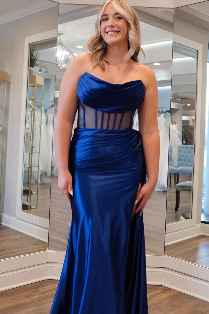 Mermaid Strapless Navy Blue Satin Long Prom Dresses luladress Mermaid Strapless Navy Blue Satin Long Prom Dresses luladress