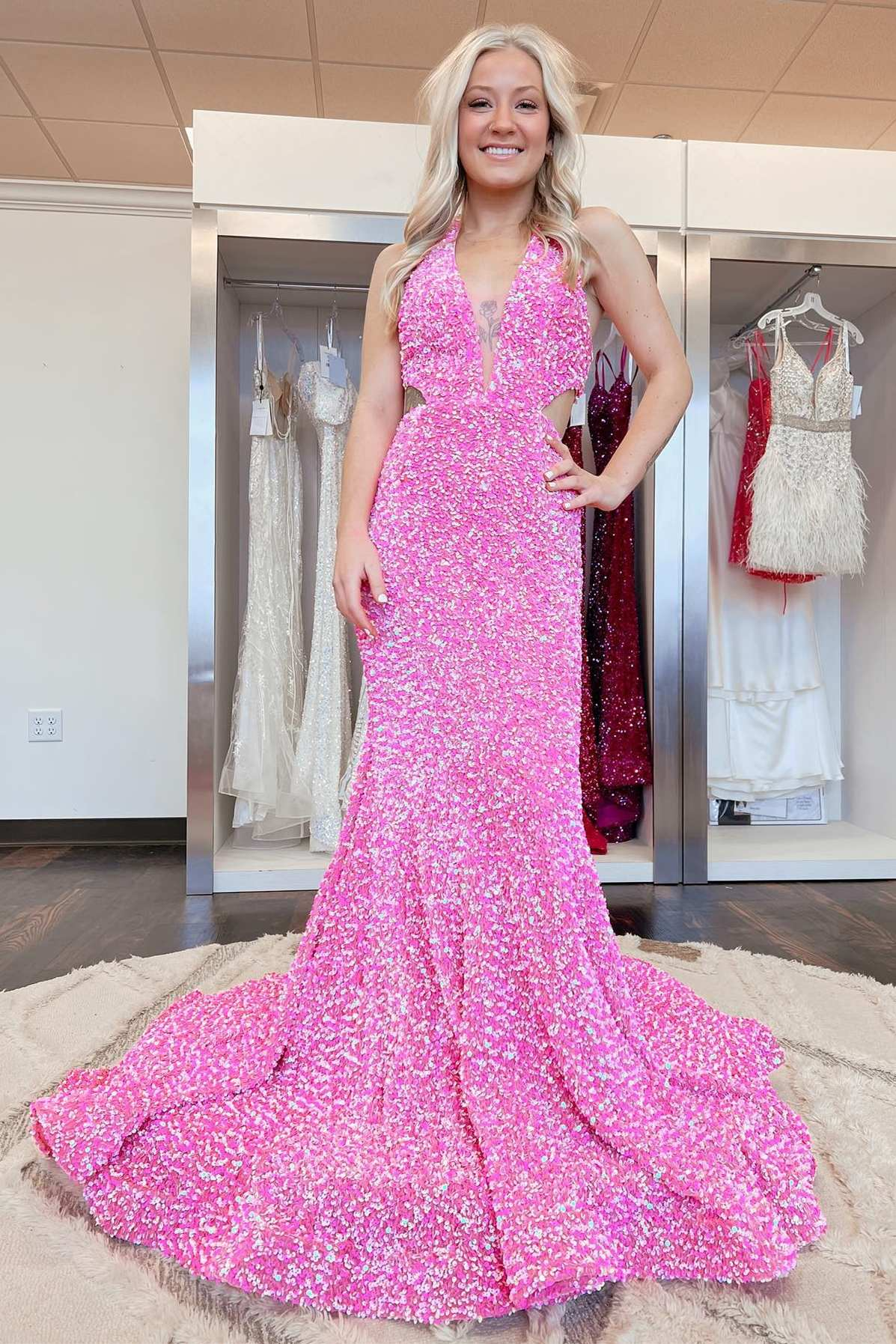 Mermaid Light Blue Iridescent Sequin Halter Cutout Long Prom Dresses