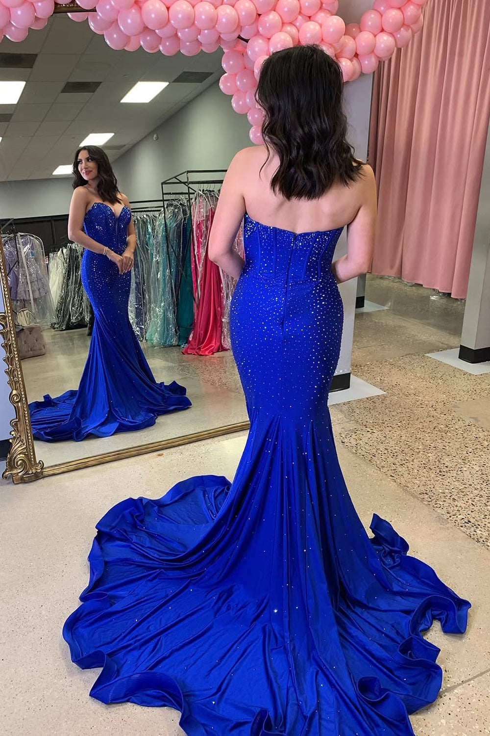 Mermaid Strapless Royal Blue Satin Long Prom Dresses