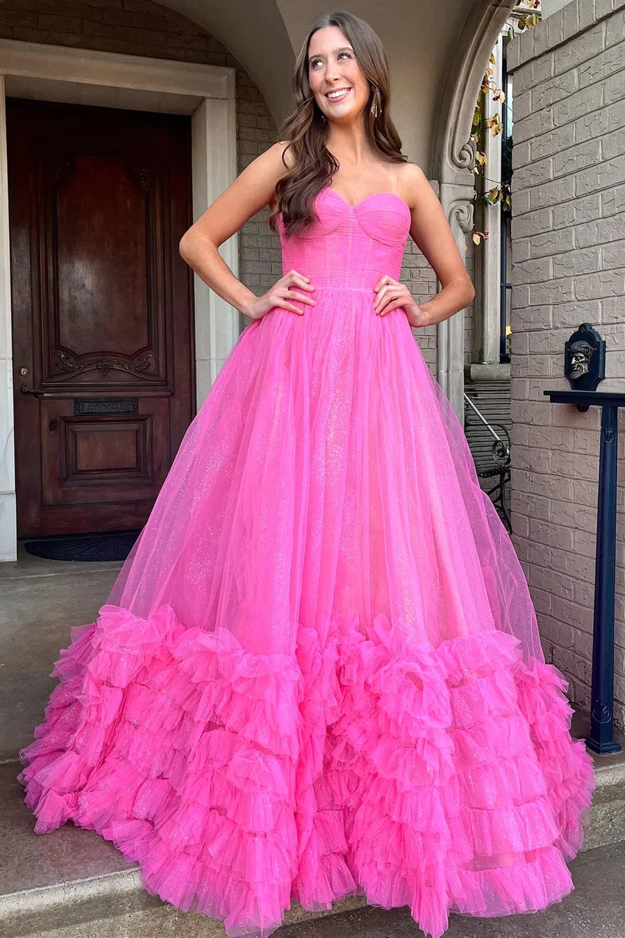 Long Fuchsia Strapless Ruffle A-Line Prom Dresses