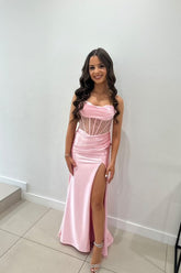 Charming Mermaid Straps Pink Satin Slit Prom Dresses
