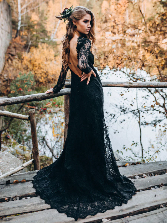 Black Sweetheart Long Sleeves prom dresses,Lace Backless Wedding Dresses