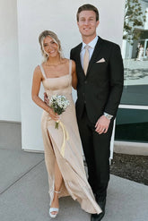 Fashion Satin Tea Length Sheath Straps Bridesmaid Dresses