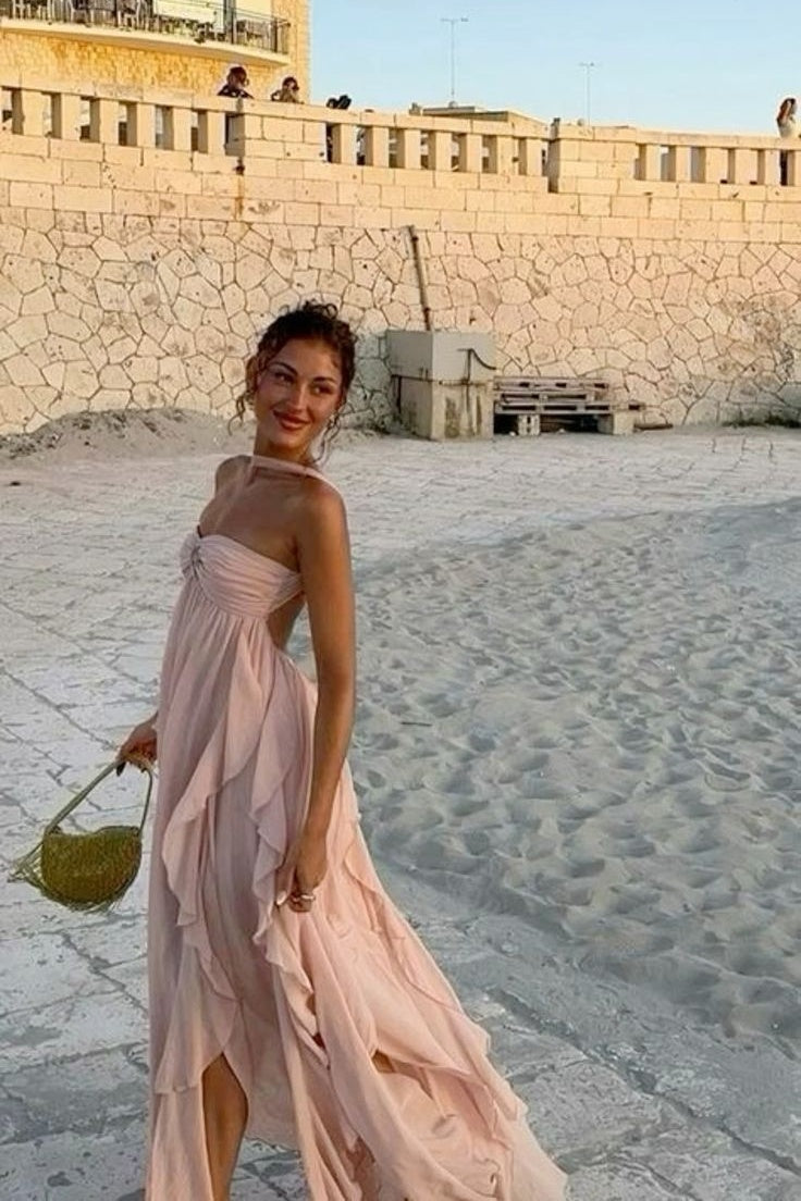 A Line Halter Neck Pink Long Chiffon Prom Dresses Custom Color / US0 A Line Halter Neck Pink Long Chiffon Prom Dresses Custom Color / US0