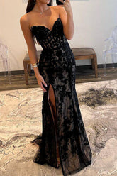 Mermaid Sweetheart Black Corset Long Lace Prom Dresses