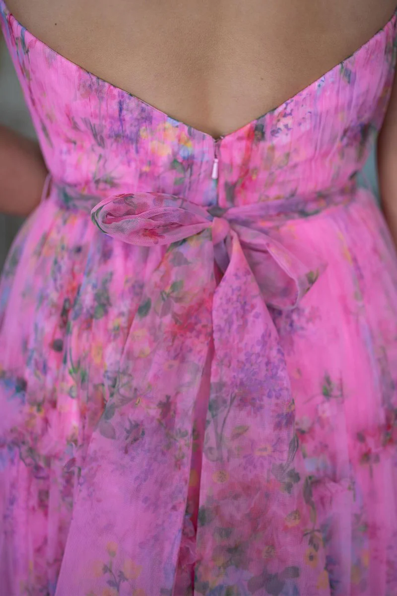 Unique A-Line Strapless Floral Printed Long Prom Dresses