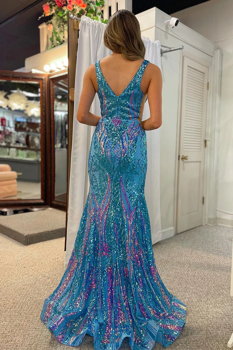 Blue V Neck Sequin Lace Mermaid Long Prom Dresses