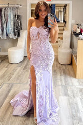 Mermaid Strapless Sweetheart Lilac Lace Appliques Long Prom Dress