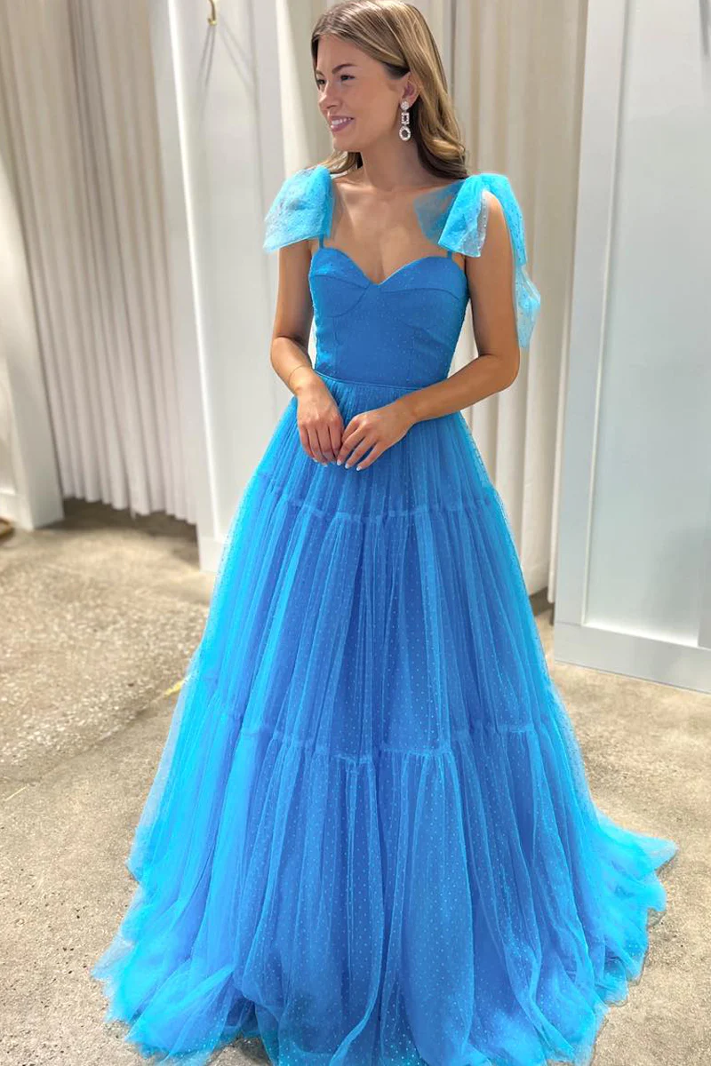 Blue A-Line Sweetheart Tie Straps Tulle Long Prom Dresses Custom Color / US6 Blue A-Line Sweetheart Tie Straps Tulle Long Prom Dresses Custom Color / US6