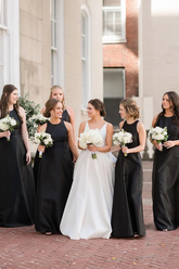 Simple A-Line Round Neck Black Satin Long Bridesmaid Dresses