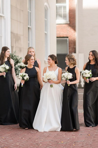 Simple A-Line Round Neck Black Satin Long Bridesmaid Dresses,BD240806