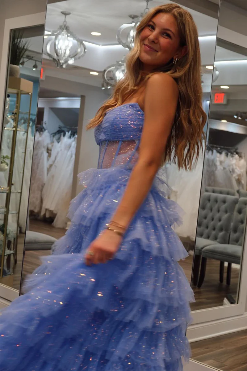 Sparkly Long A-Line Strapless Tiered Tulle Prom Dresses