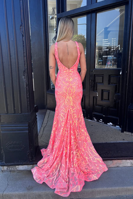 Belles robes de bal sirène longues à sequins corail et col en V
