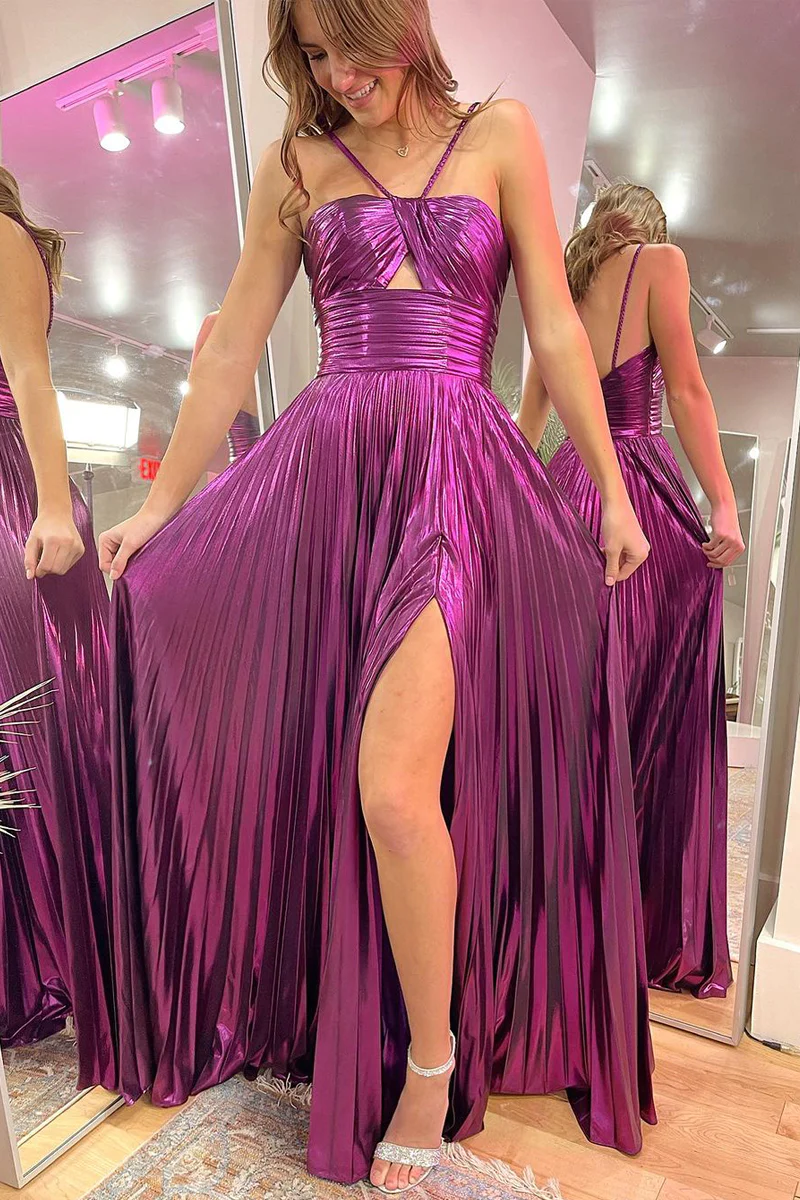 Magenta Spaghetti Straps Pleated A-Line Long Prom Dresses – luladress Magenta Spaghetti Straps Pleated A-Line Long Prom Dresses – luladress