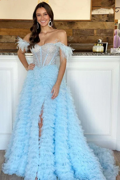 Beaded Feather Long Off-the-Shoulder Tiered Prom Dresses