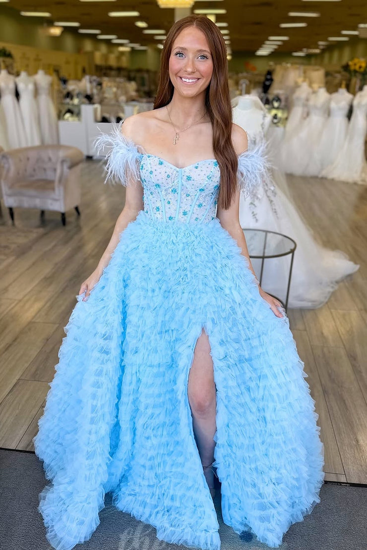 A-Line Off the Shoulder Light Blue Tulle Long Prom Dresses