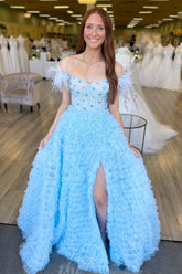 A-Line Off the Shoulder Light Blue Tulle Long Prom Dresses