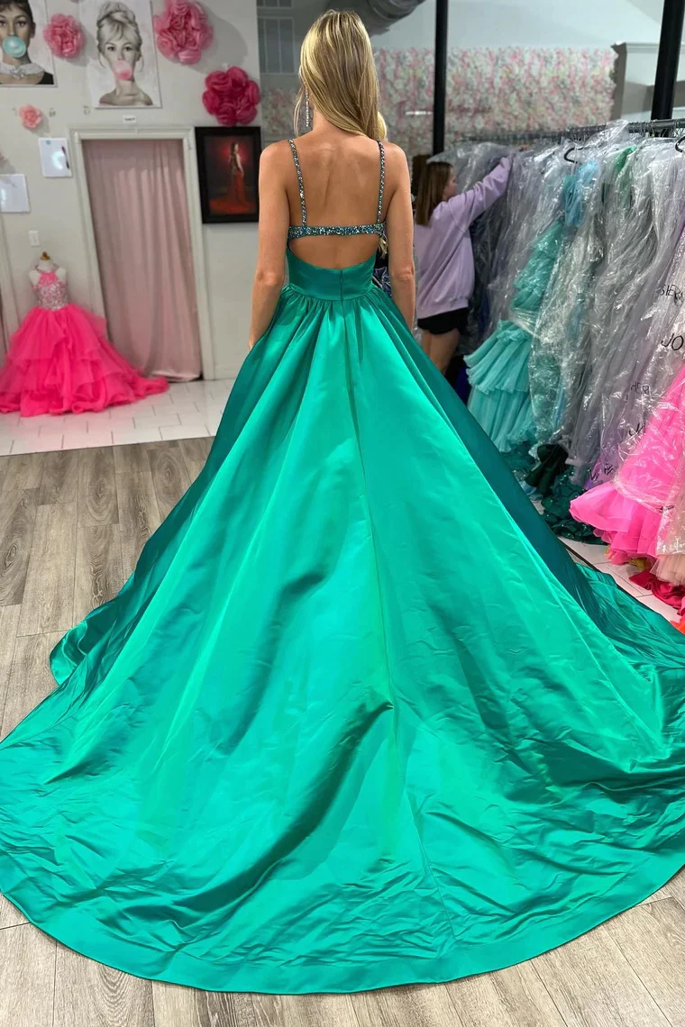 Emerald Beaded V-Neck A-Line Long Prom Dress
