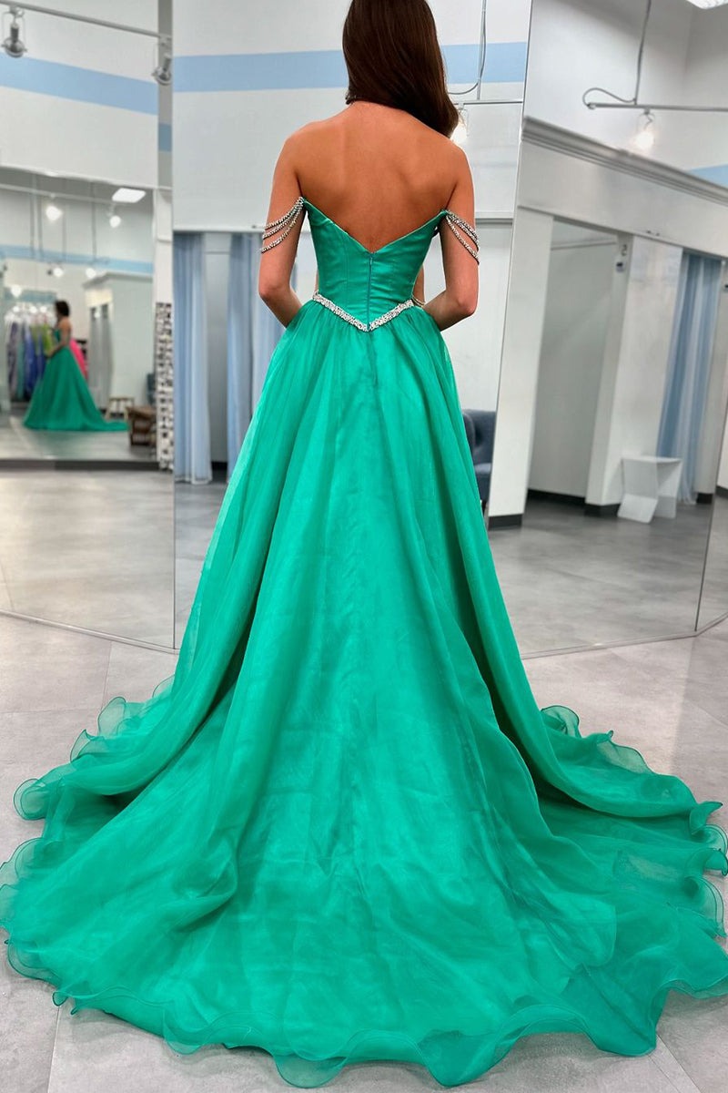 Green Strapless Beaded Straps Organza Long Prom Dresses