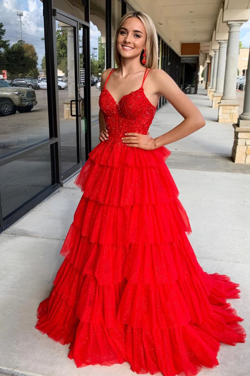 Red Spaghetti Straps Ruffle Tiered Tulle Long Prom Dresses