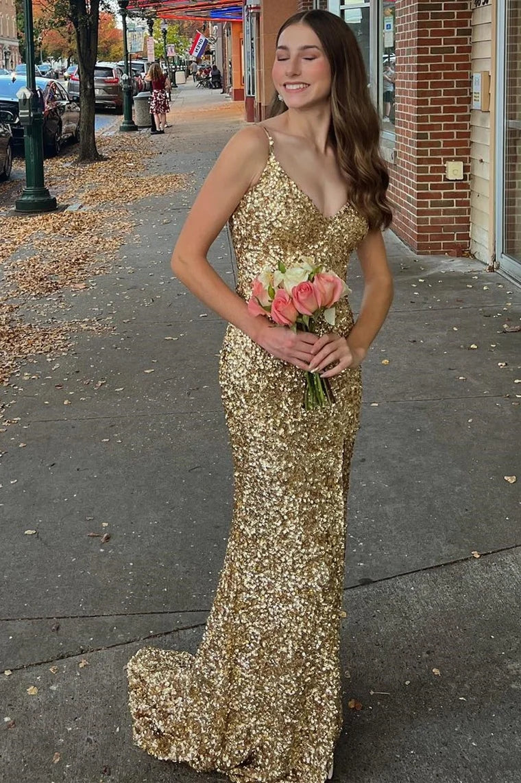 Gold Sequin Backless Mermaid V-Neck Long Formal Dresses