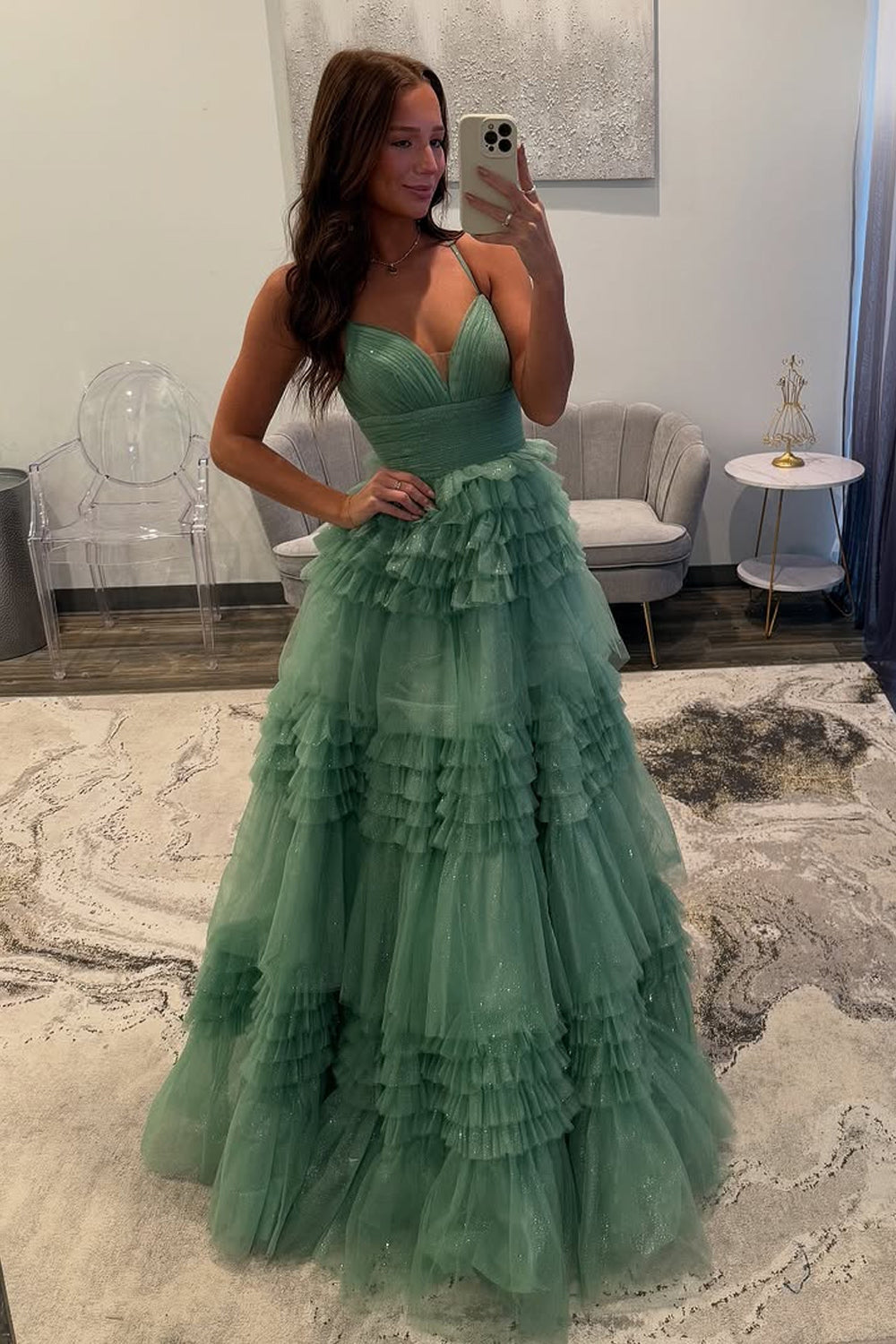 A-Line V Neck Sage Green Tulle Long Prom Dresses – luladress