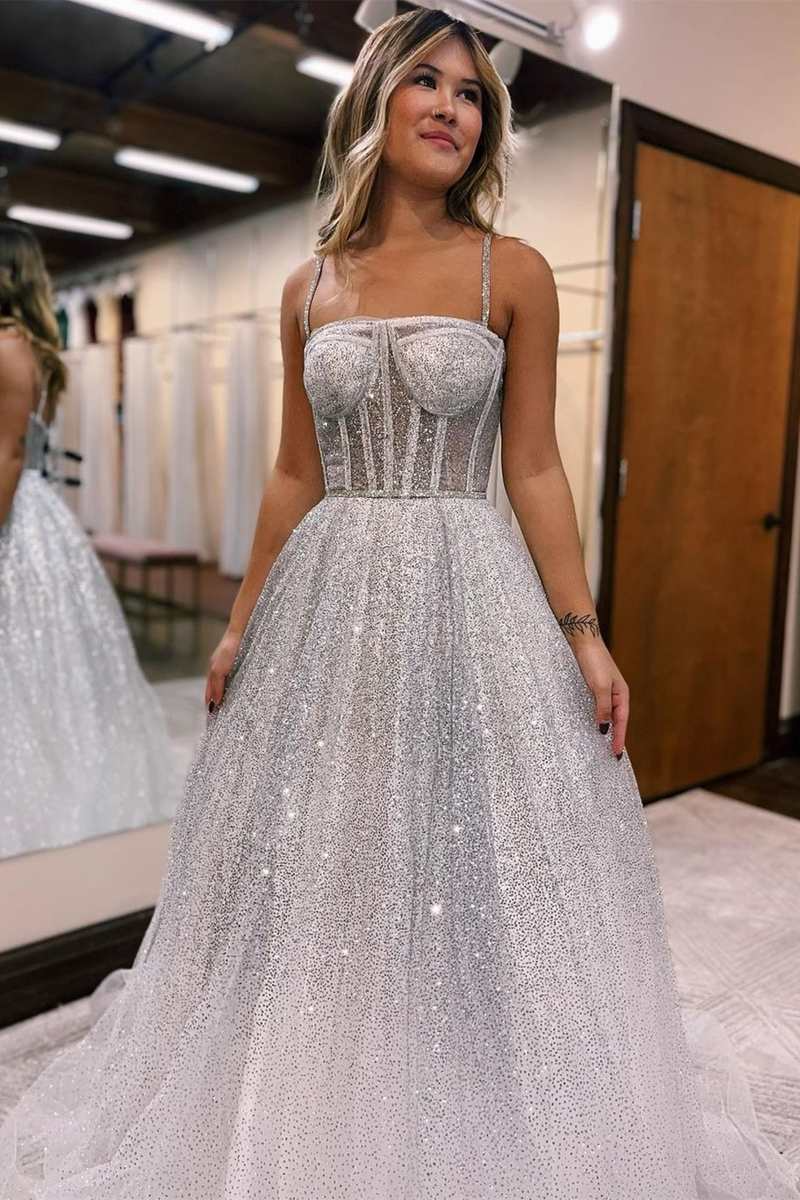 A-Line Silver Ombre Sequins Princess Straps Prom Dresses