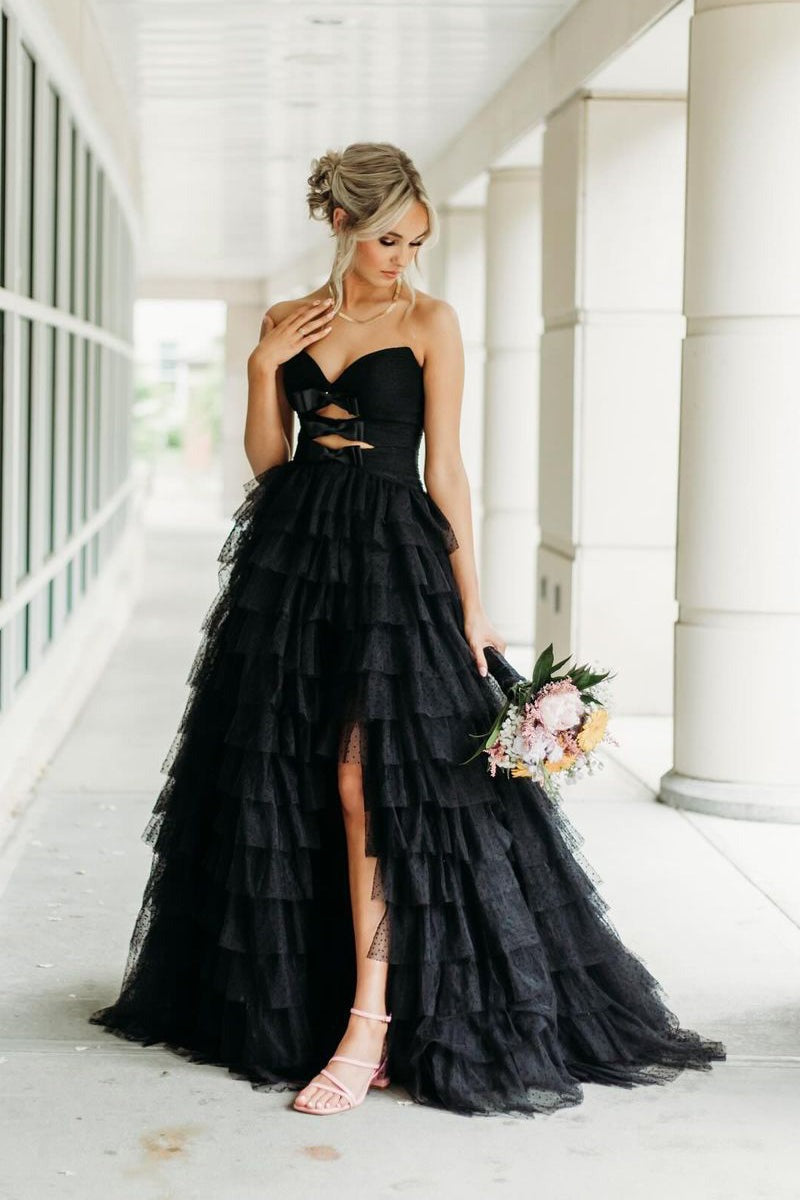 Black Strapless Ruffle Tiered Tulle Long Prom Dresses – luladress