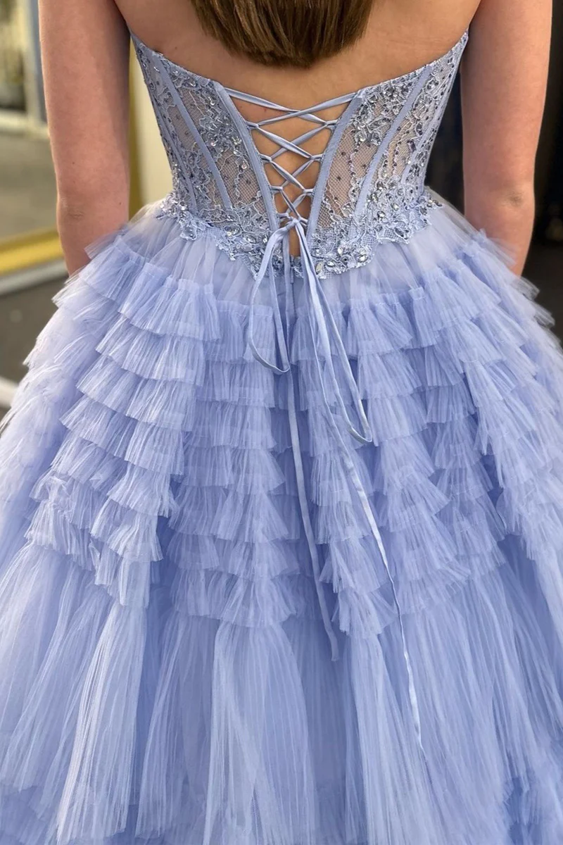 A-Line Ruffle Tiered Tulle Long Prom Dresses with Appliques