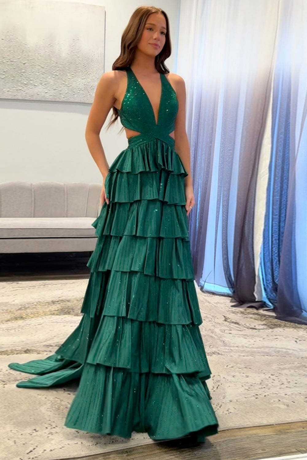 Halter Sparkly Green Ruffle Tiered A-Line Long Prom Dresses Halter Sparkly Green Ruffle Tiered A-Line Long Prom Dresses