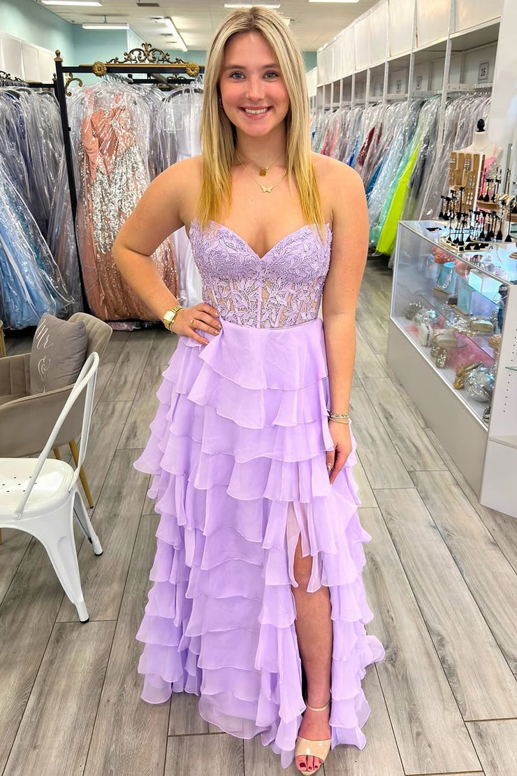 A Line Sweetheart Lavender Chiffon Tiered Prom Dresses Pic Color / US2 A Line Sweetheart Lavender Chiffon Tiered Prom Dresses Pic Color / US2