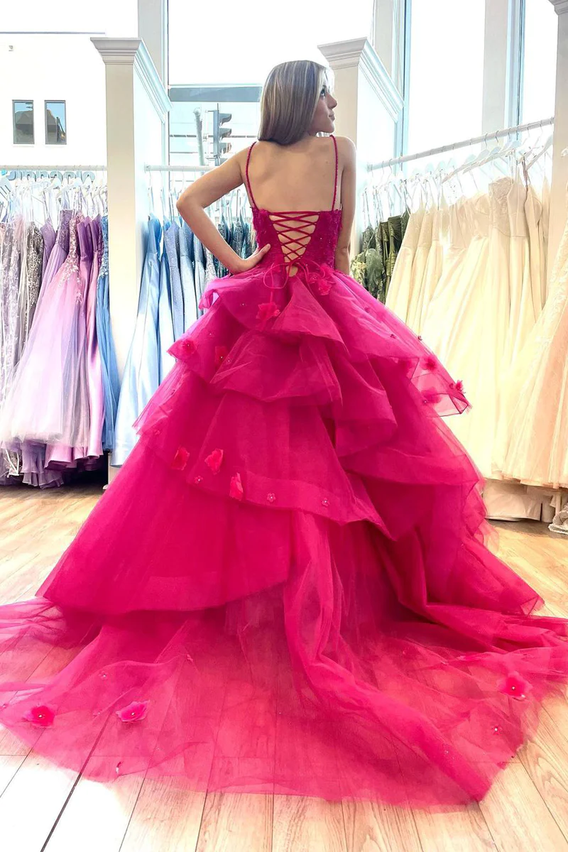 Hot Pink Tiered Tulle Long Sweetheart Prom Dresses with Appliques