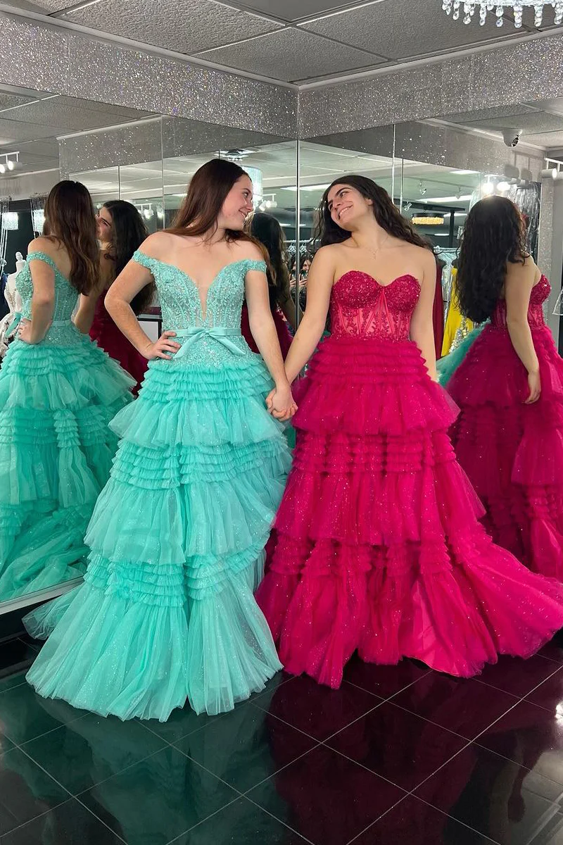 Hot Pink Long Sweetheart Tiered Tulle Prom Dresses