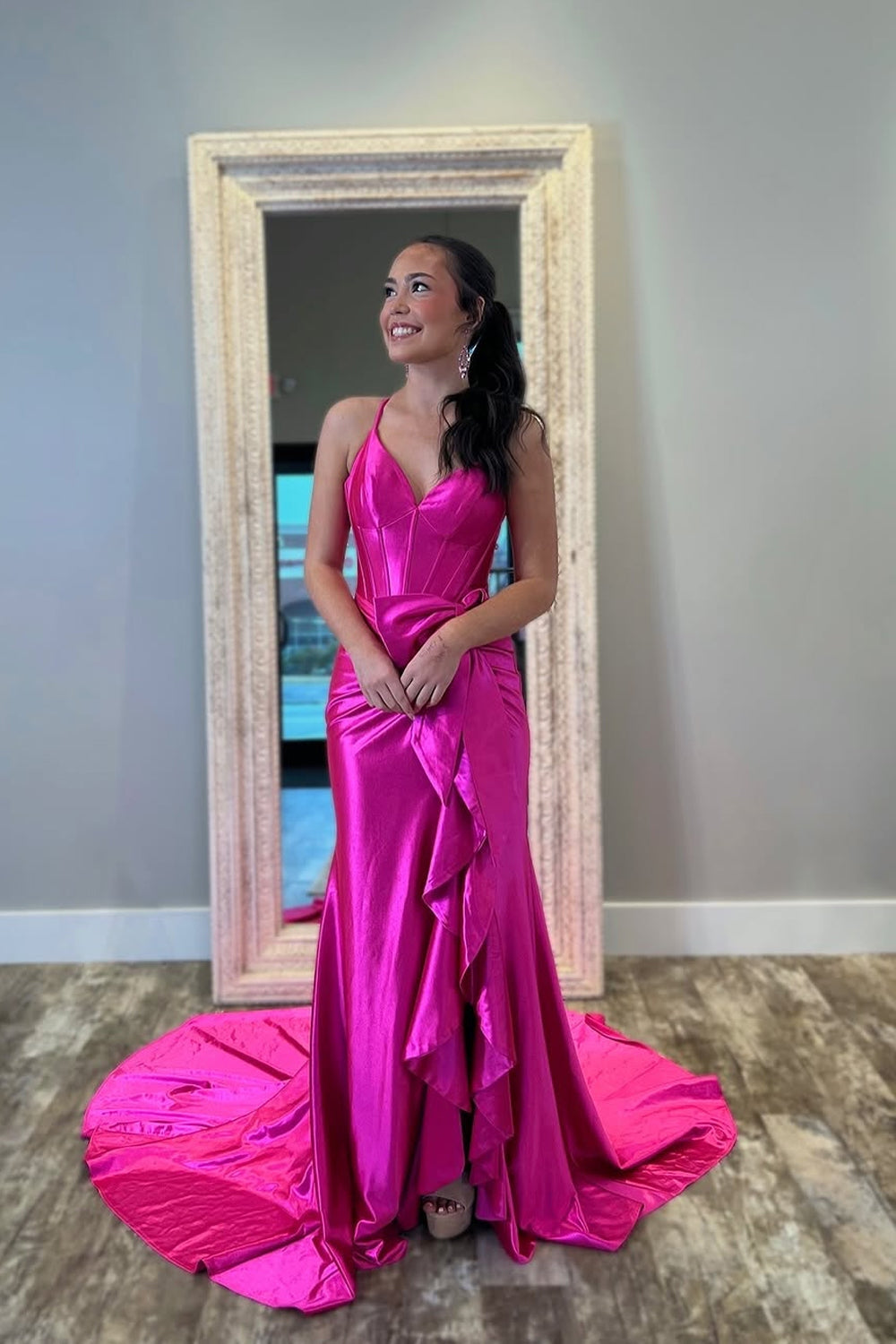 Mermaid V Neck Pink Satin Long Prom Dresses