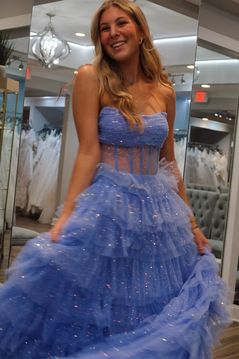 Sparkly Long A-Line Strapless Tiered Tulle Prom Dresses