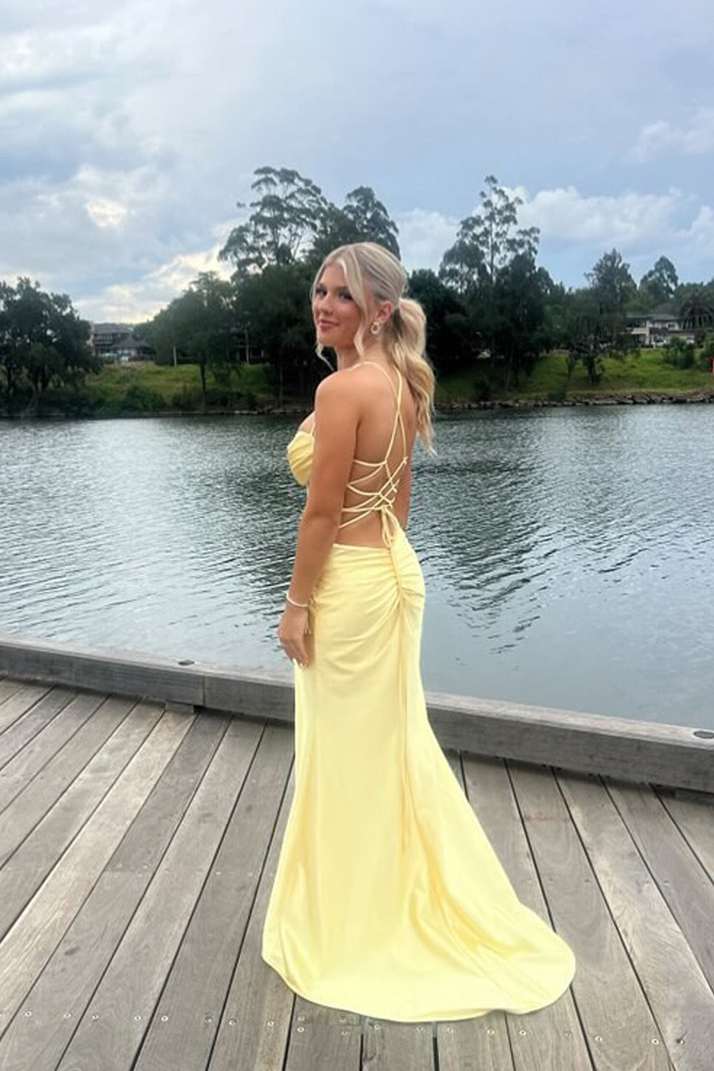 Mermaid Straps Satin Slit Yellow Prom Dresses